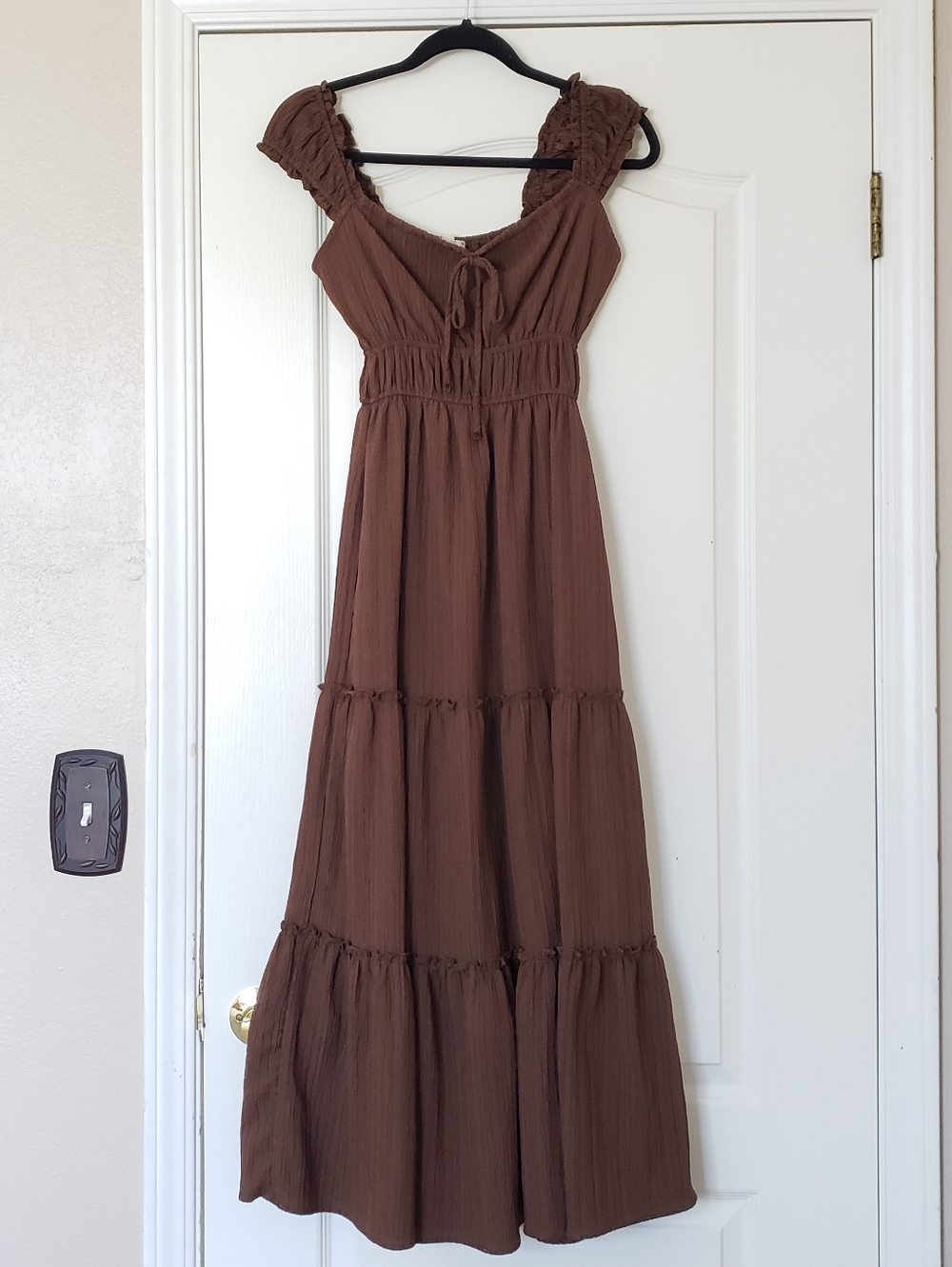 PIE IN THE SKY Small Brown Ruffle Midi Milkman Boho Dress